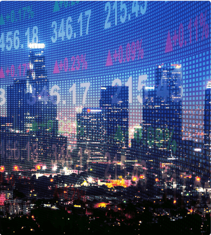 A stock ticker overlaid on a city image.